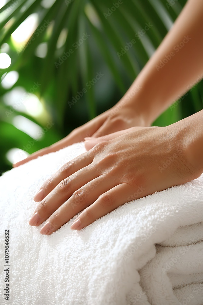 Serene Hands on Soft White Towel in Nature Setting Serene Hands on Soft White Towel in Nature Setting