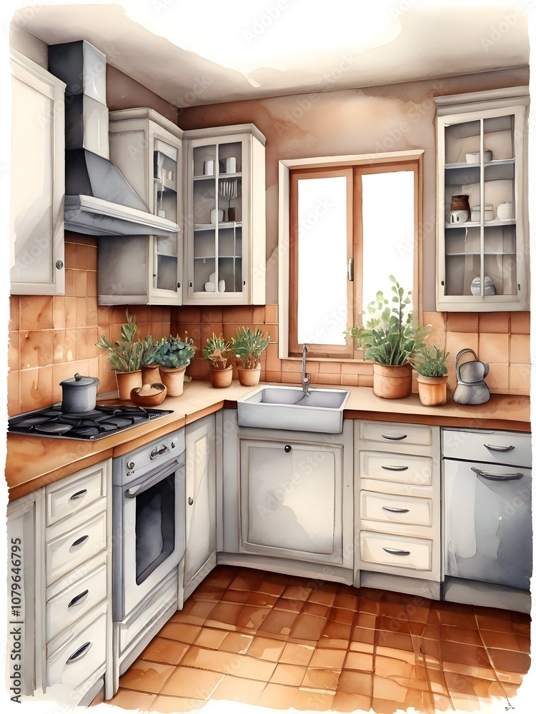 Fototapeta premium Cozy Kitchen Watercolor Art Simplicity Life