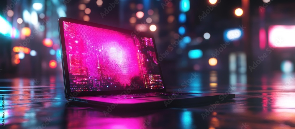 Laptop in a Neon Cityscape Laptop in a Neon Cityscape