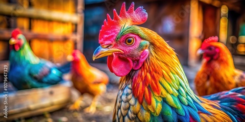 Close-up of a colorful and vibrant chicken in a rustic farm setting, chicken, barnyard, animal, livestock, farm, poultry