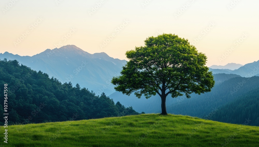 A lone tree stands majestically on a grassy hill with mountains in the background, bathed in soft morning light. A lone tree stands majestically on a grassy hill with mountains in the background, bathed in soft morning light.