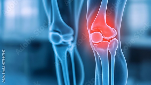 Close up Medical X Ray Image of Human Knee Joint Anatomy Showing Detailed Skeletal Structure Bone Muscle Ligament and Potential Injury or Inflammation for Diagnostic or Treatment Purposes