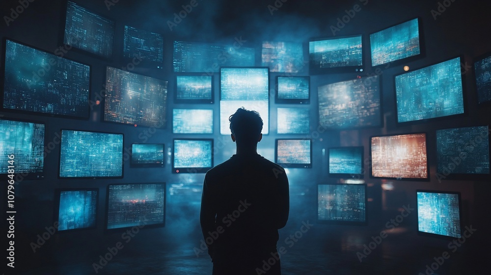 A lone figure stands in a dark room surrounded by glowing screens displaying cityscapes and data. A lone figure stands in a dark room surrounded by glowing screens displaying cityscapes and data.