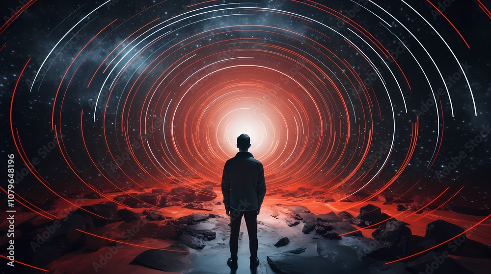 Digital technology time tunnel and character illustration poster background Digital technology time tunnel and character illustration poster background