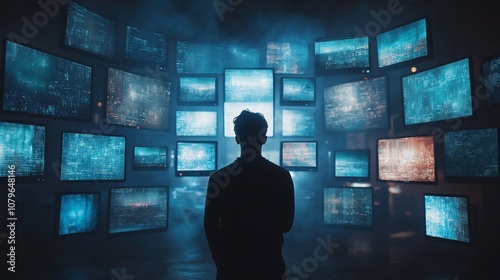 A lone figure stands in a dark room surrounded by glowing screens displaying cityscapes and data.