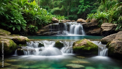 A cascading waterfall flows over rocks and into a clear pool, framed by lush greenery.