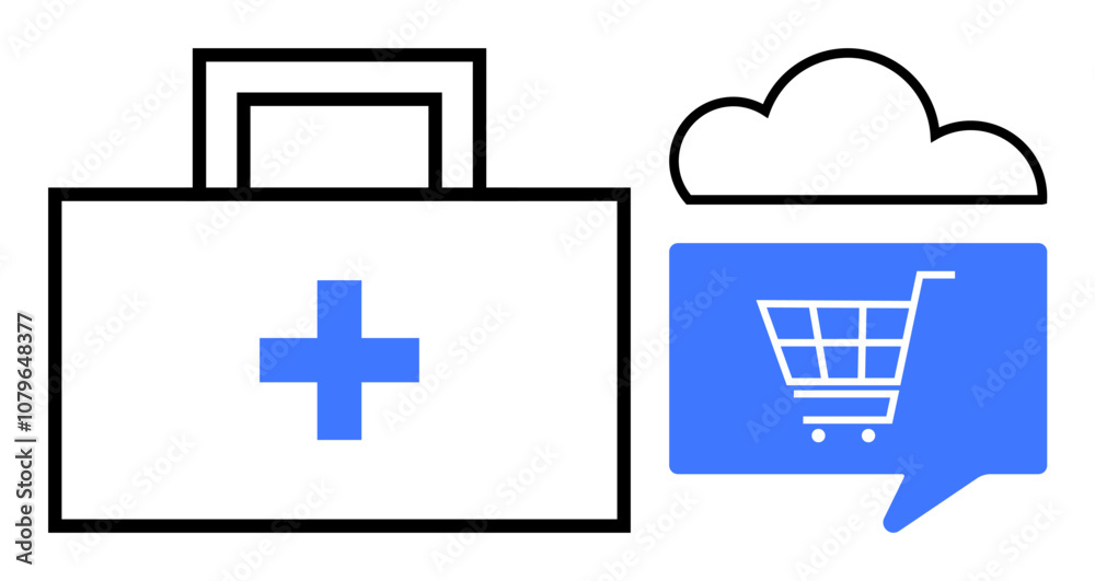 Obraz premium Medical kit with cross symbol next to shopping cart in speech bubble under a cloud. Ideal for telemedicine, online pharmacy, healthcare services, e-commerce, health insurance, medical advice, digital