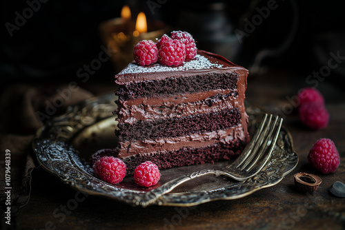 A decadent chocolate cake, rich cocoa layers, velvety ganache, fresh raspberries, powdered sugar dusting,  soft candlelight,  in an elegant dessert cafe