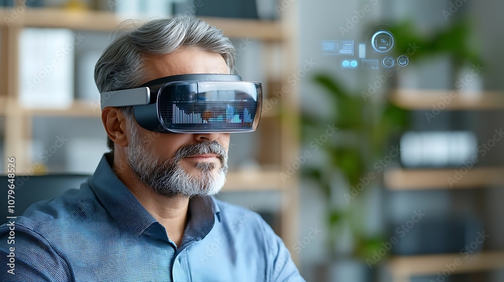 Middle aged man wearing a virtual reality headset surrounded by a modern minimalist interior exploring an advanced digital environment for entertainment education or business purposes Middle aged man wearing a virtual reality headset surrounded by a modern minimalist interior exploring an advanced digital environment for entertainment education or business purposes