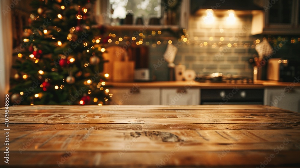 Warm Christmas Vibes: Empty Wooden Table in a Festive Kitchen Setting Warm Christmas Vibes: Empty Wooden Table in a Festive Kitchen Setting