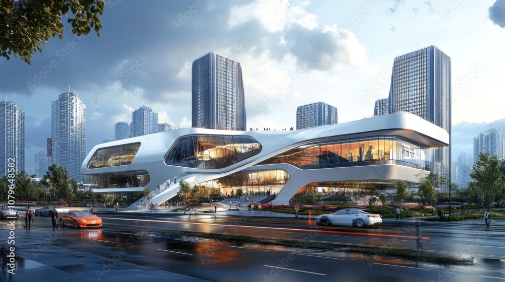 Obraz premium Modern architectural building with a sleek design, surrounded by urban landscape and vehicles.