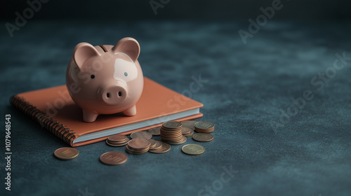 piggy bank sits on notebook surrounded by coins, symbolizing savings and financial planning. scene conveys sense of security and investment. photo