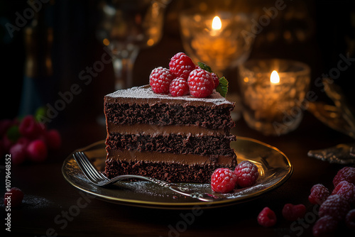 A decadent chocolate cake, rich cocoa layers, velvety ganache, fresh raspberries, powdered sugar dusting,  soft candlelight,  in an elegant dessert cafe