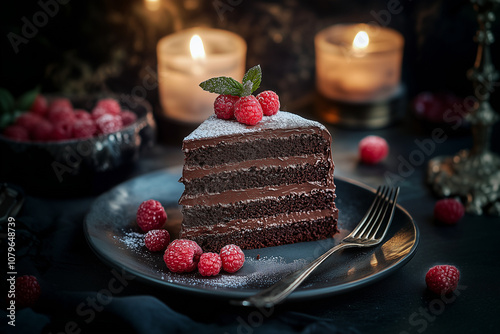 A decadent chocolate cake, rich cocoa layers, velvety ganache, fresh raspberries, powdered sugar dusting,  soft candlelight,  in an elegant dessert cafe