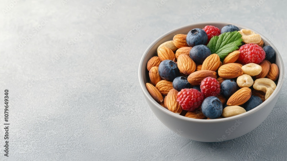 A bowl filled with assorted nuts, blueberries, raspberries and mint leaves, showcasing a colorful and nutritious snack option on a light background. A bowl filled with assorted nuts, blueberries, raspberries and mint leaves, showcasing a colorful and nutritious snack option on a light background.
