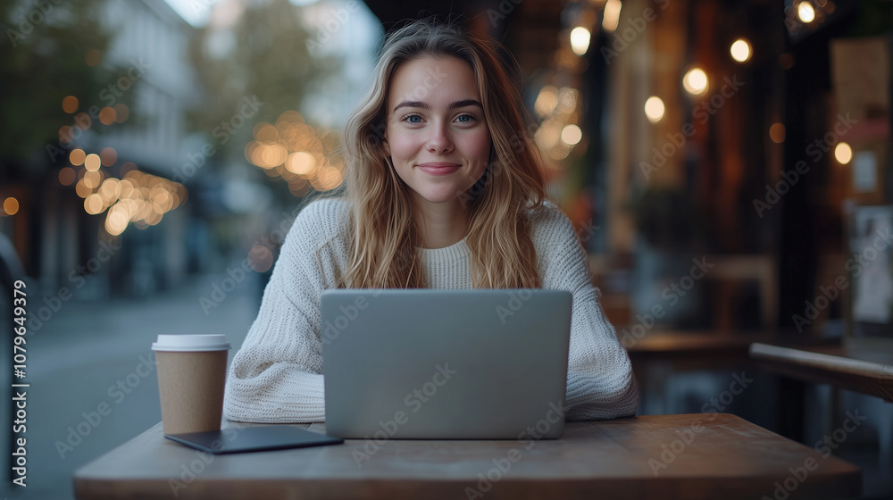 young woman with long hair smiles while sitting at cafe table with laptop and coffee cup, creating warm and inviting atmosphere. young woman with long hair smiles while sitting at cafe table with laptop and coffee cup, creating warm and inviting atmosphere.