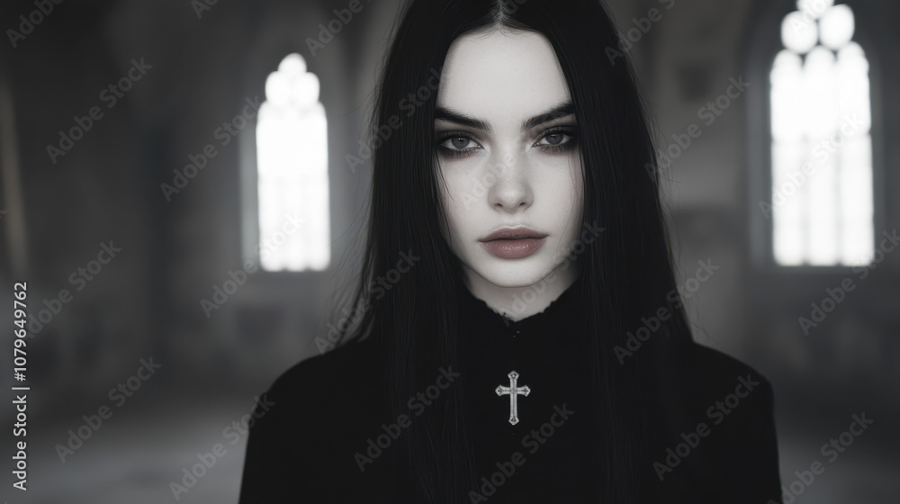 mysterious woman with long black hair and cross pendant, set in gothic interior. Her intense gaze and dark attire evoke haunting atmosphere mysterious woman with long black hair and cross pendant, set in gothic interior. Her intense gaze and dark attire evoke haunting atmosphere
