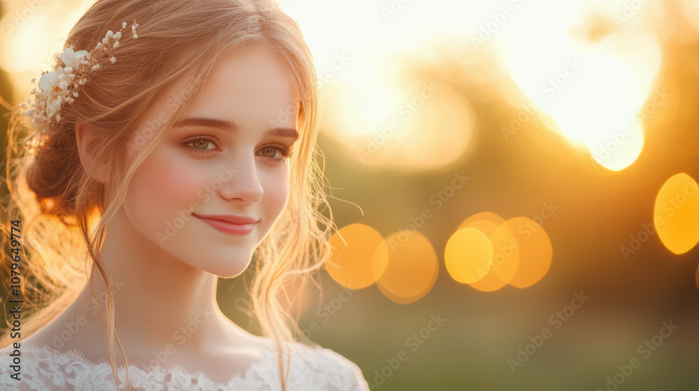 serene bride with soft features and gentle smile, illuminated by sunset. warm bokeh creates romantic atmosphere, enhancing her beauty serene bride with soft features and gentle smile, illuminated by sunset. warm bokeh creates romantic atmosphere, enhancing her beauty