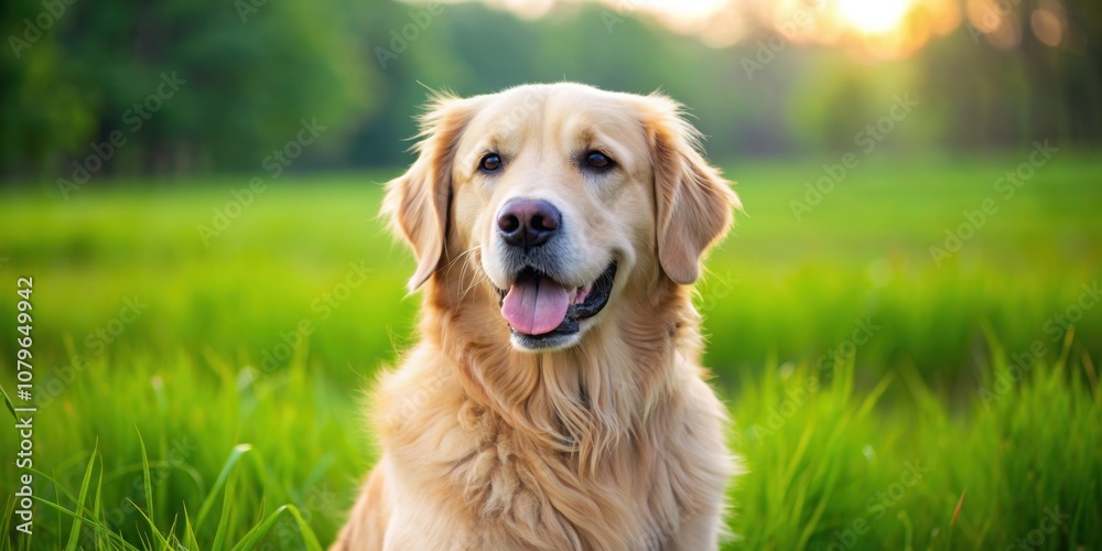 Close-up photo of a fluffy golden retriever dog sitting in a lush green field, dog, pet, animal, domestic, cute, furry Close-up photo of a fluffy golden retriever dog sitting in a lush green field, dog, pet, animal, domestic, cute, furry