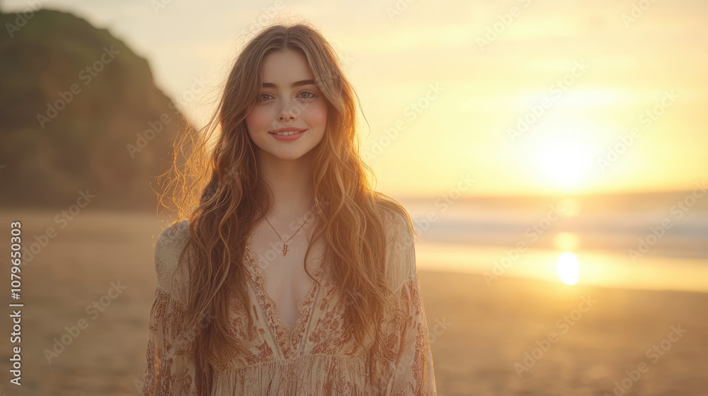 young woman with long hair smiles warmly at sunset on beach, wearing flowing dress. golden light creates serene atmosphere young woman with long hair smiles warmly at sunset on beach, wearing flowing dress. golden light creates serene atmosphere