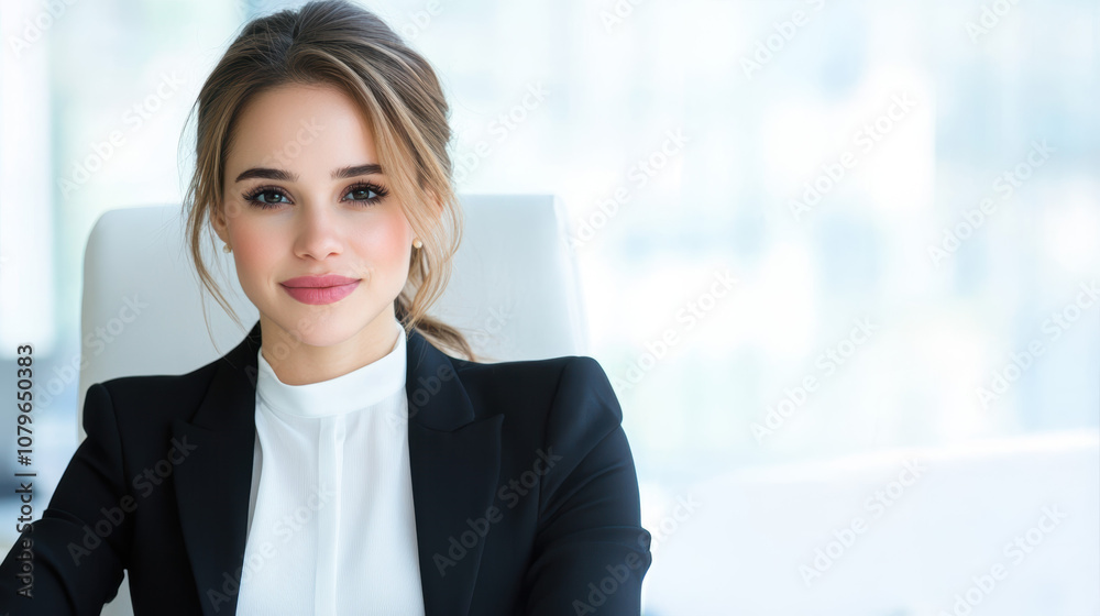 professional woman in black suit, sitting confidently at desk, exuding poise and elegance in modern office setting professional woman in black suit, sitting confidently at desk, exuding poise and elegance in modern office setting