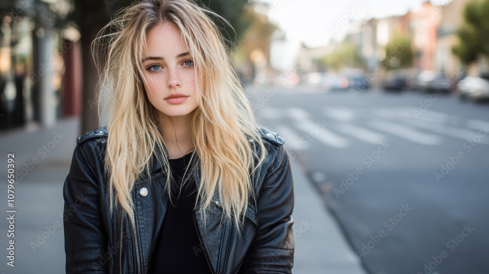 young woman with long, wavy blonde hair wearing black leather jacket sits on city street, exuding relaxed yet confident vibe young woman with long, wavy blonde hair wearing black leather jacket sits on city street, exuding relaxed yet confident vibe