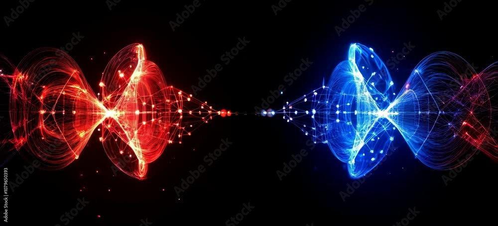 Blue and red sound wave spectrum. Music spectrum pulse. Generative video AI technology.