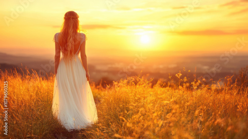 Wallpaper Mural woman in flowing white dress stands in golden field at sunset, surrounded by tall grass and breathtaking view. warm colors evoke sense of peace and beauty Torontodigital.ca