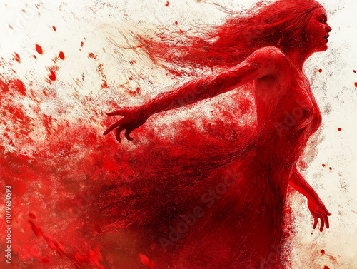 A woman in a red dress is shown in a painting with red splatters all over her