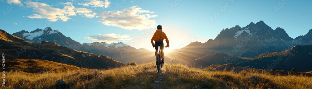 Fototapeta premium A cyclist rides towards a breathtaking sunset, surrounded by majestic mountains and sprawling grasslands.