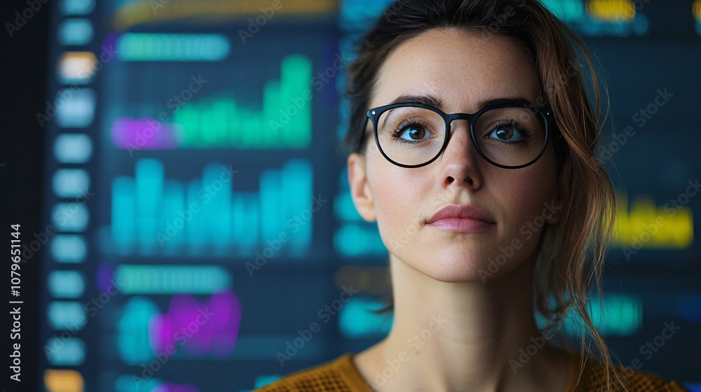 A focused woman with glasses stands in front of vibrant data visualizations, embodying analytical thinking and a modern tech-savvy environment. A focused woman with glasses stands in front of vibrant data visualizations, embodying analytical thinking and a modern tech-savvy environment.