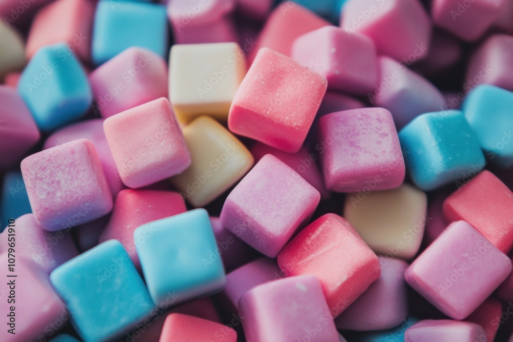 A close up of a pile of pastel colored square candy. A close up of a pile of pastel colored square candy.