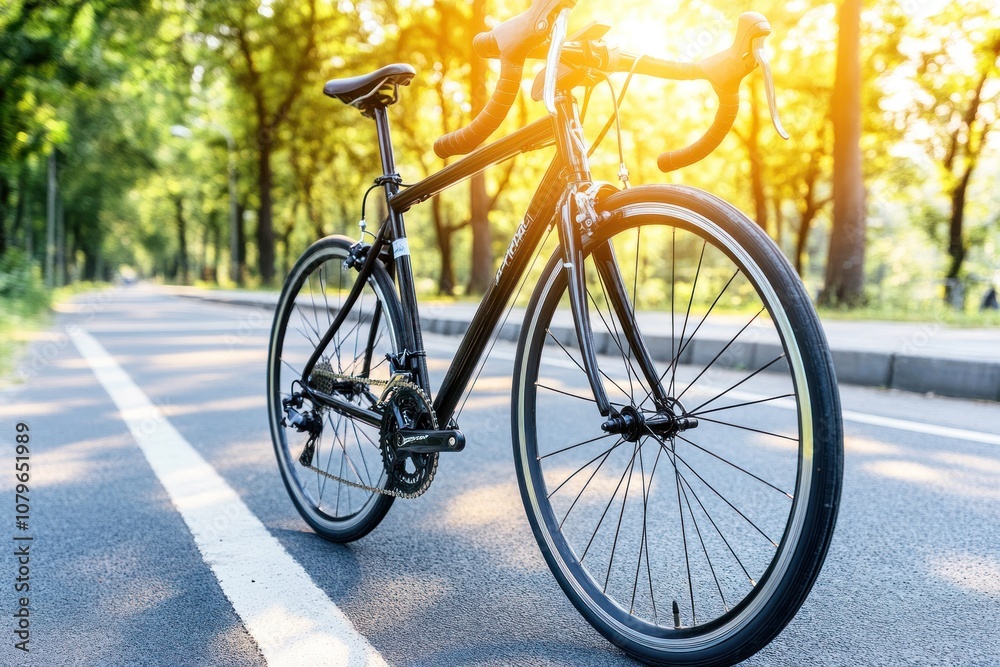 A black road bike stands on an asphalt path with the sun shining through the trees. A black road bike stands on an asphalt path with the sun shining through the trees.