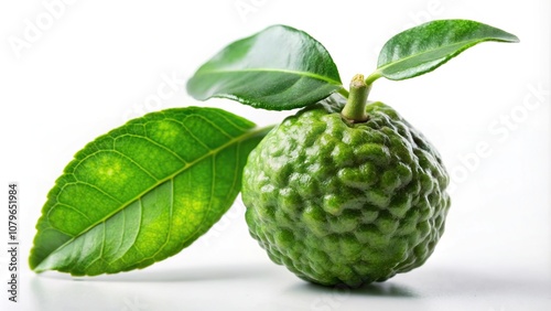 Close-up of kaffir lime with leaves on white background in forced perspective photo