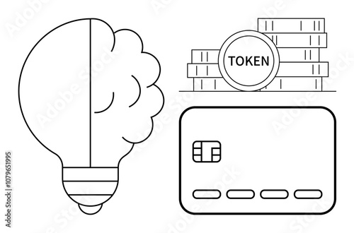 Lightbulb merging concept with brain, stack of token coins, credit card with chip. Ideal for technology, innovation, cryptocurrency, finance, payments, digital transactions and intellectual property