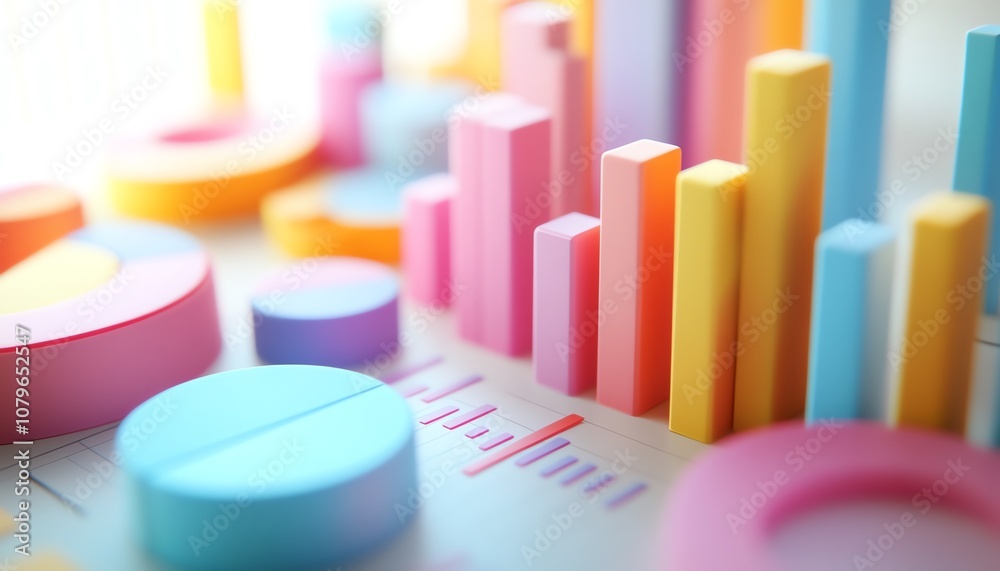 Dynamic 3D graphs and pie charts in pastel tones, casting playful shadows on a white surface, visualizing vibrant data trends and analytics in a modern style Dynamic 3D graphs and pie charts in pastel tones, casting playful shadows on a white surface, visualizing vibrant data trends and analytics in a modern style