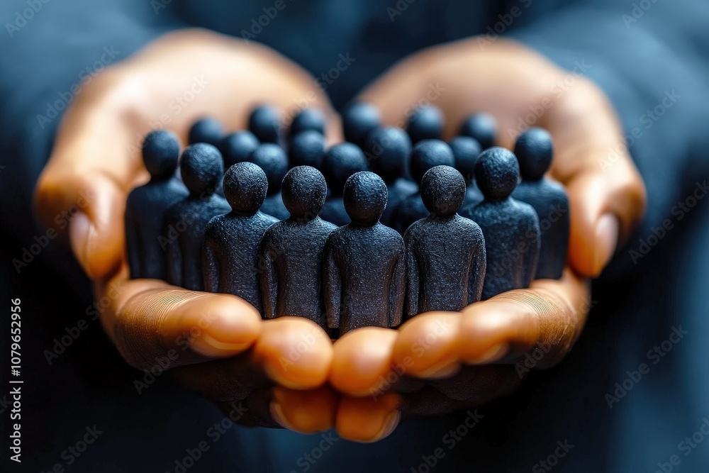 Hands Holding Small Black Figurines Representing Community, Unity, and Collective Effort in a Conceptual Representation of Togetherness and Support for Stock Photography Use Hands Holding Small Black Figurines Representing Community, Unity, and Collective Effort in a Conceptual Representation of Togetherness and Support for Stock Photography Use
