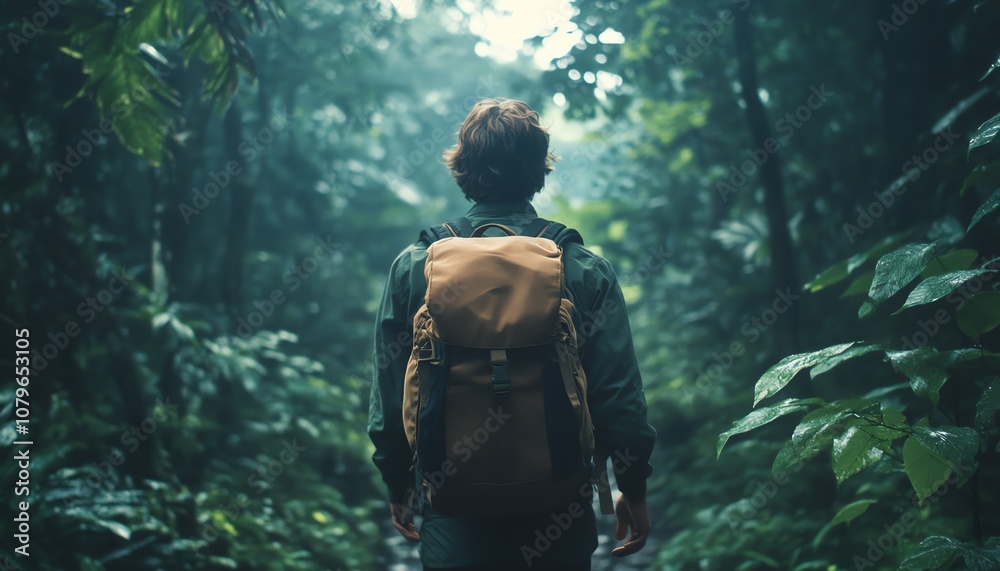 Lone traveler with a backpack walking through a peaceful green forest, bathed in natural light, symbolizing tranquility and a deep connection to nature Lone traveler with a backpack walking through a peaceful green forest, bathed in natural light, symbolizing tranquility and a deep connection to nature