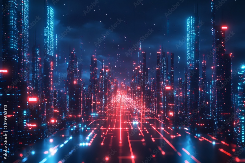 A nighttime metropolis encircled by an abstract gradient blue. Generative Ai