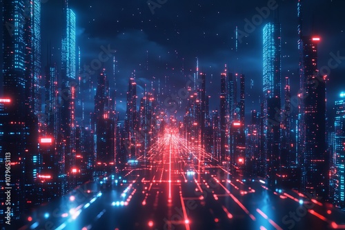 A nighttime metropolis encircled by an abstract gradient blue. Generative Ai