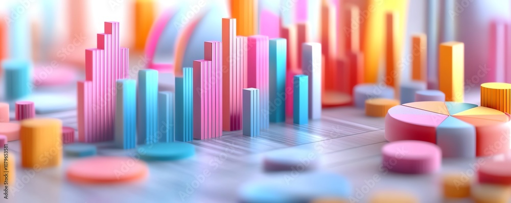 Vibrant 3D graphs and pie charts in pastel shades, with dynamic data visualization and playful shadows cast on a white surface, representing creative data analysis Vibrant 3D graphs and pie charts in pastel shades, with dynamic data visualization and playful shadows cast on a white surface, representing creative data analysis