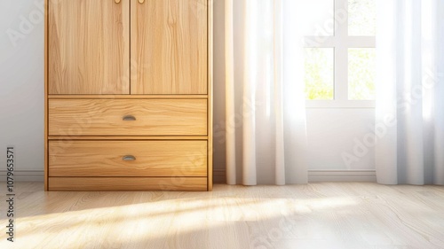 Modern and Stylish Contemporary Bedroom Featuring Natural Wood Wardrobe Unit and Soft Curtain Dividers for Enhanced Storage and Aesthetic Appeal