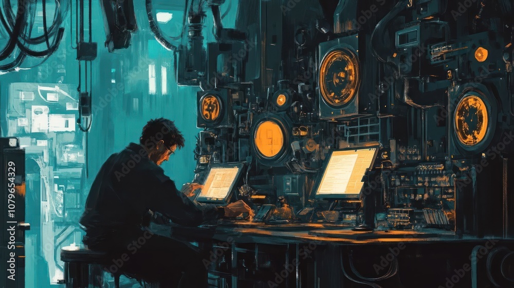 A person working intently at a computer in a dimly lit, high-tech environment filled with machinery.