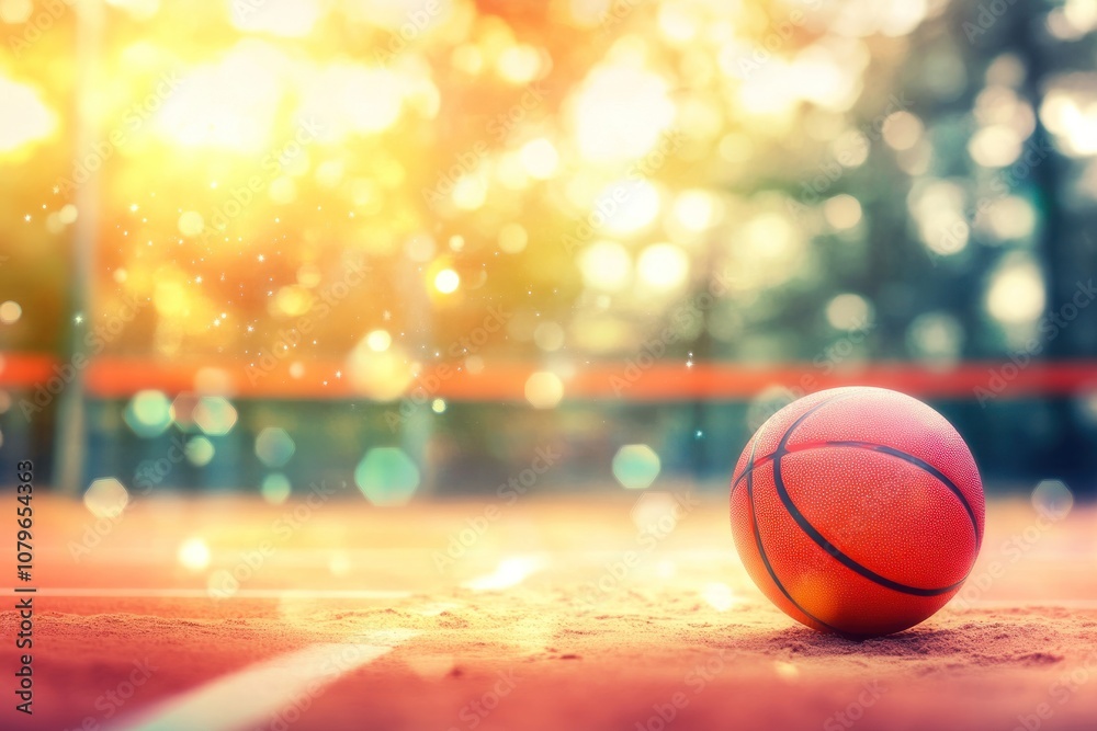 A basketball sits on a court, with sunlight shining through the trees in the background.