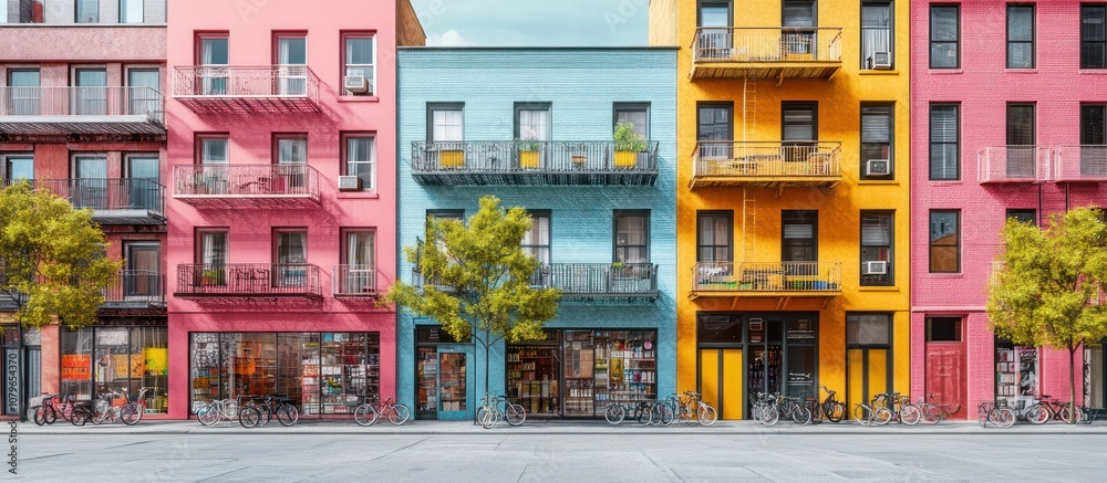 Fototapeta premium Urban neighborhood with diverse apartment buildings, colorful storefronts, and parked bikes,