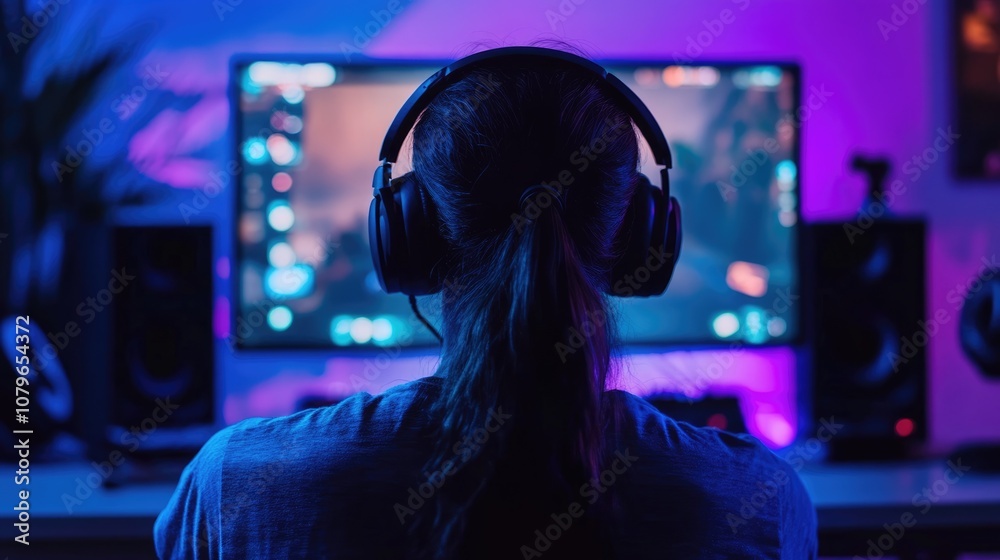 Young Woman Focused on Online Gaming