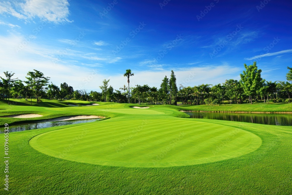 Obraz premium A serene golf course landscape featuring lush green grass, trees, and a clear blue sky.