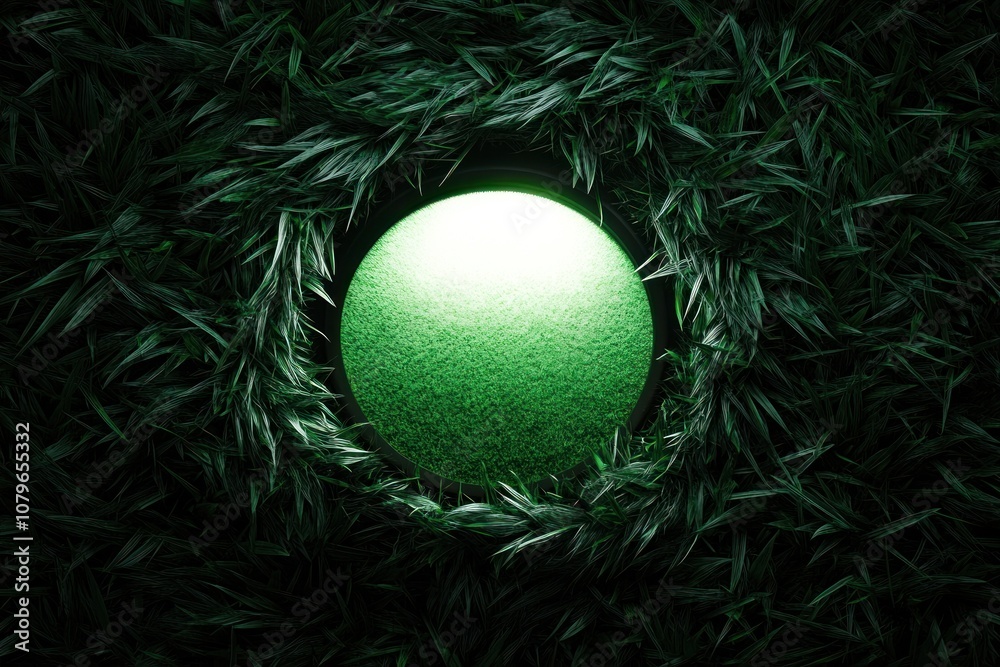 A glowing green sphere surrounded by a circle of dark green grass. A glowing green sphere surrounded by a circle of dark green grass.
