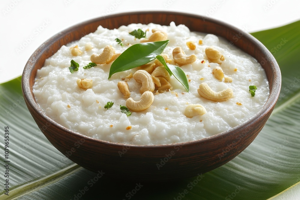 Traditional Pongal Rice with Cashew Topping on Leaf Traditional Pongal Rice with Cashew Topping on Leaf