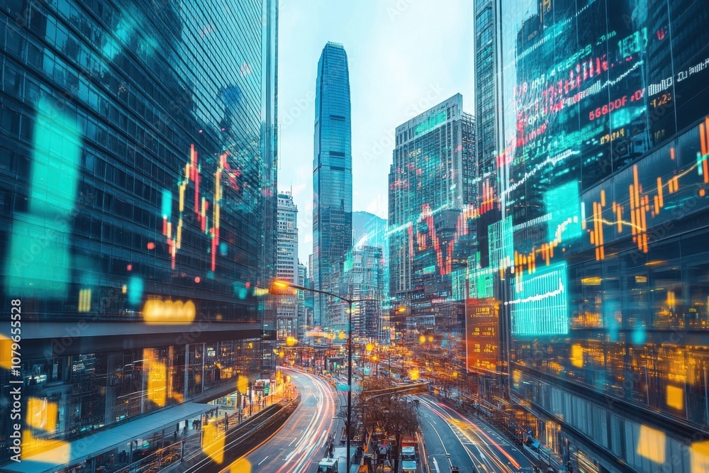 Obraz premium An urban cityscape with skyscrapers and a stock exchange building, bustling with activity, symbolizing economic progress, trade, and the interconnectedness of global financial markets.